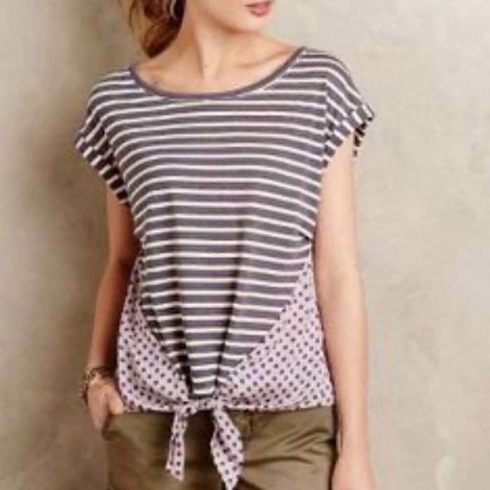 Anthropologie Little Yellow Button Stripe Dot Top